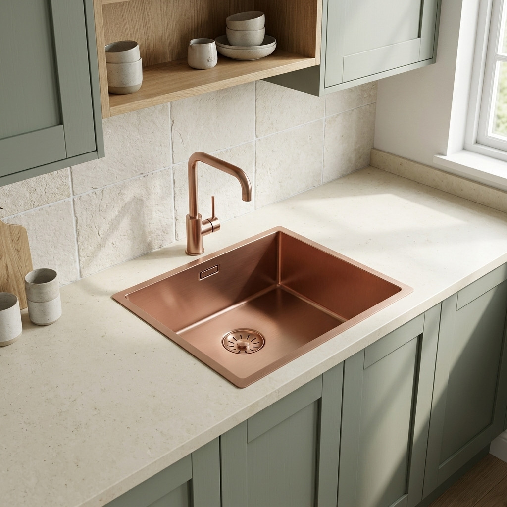Pure.Sink Comfort Lavello in acciaio inossidabile 40x40 cm finitura rame rosato PVD raggio 10 mm montaggio sotto piano a filo piano e incasso a filo piano PCM4040-62